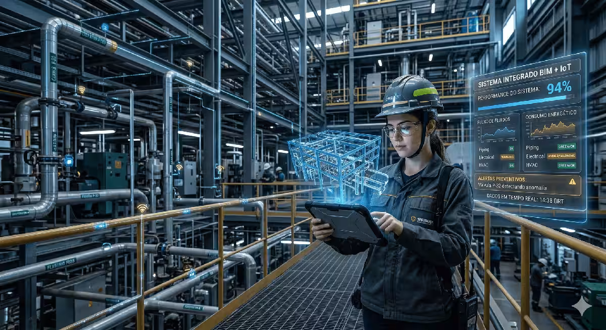 Engenheira em ambiente industrial com tablet